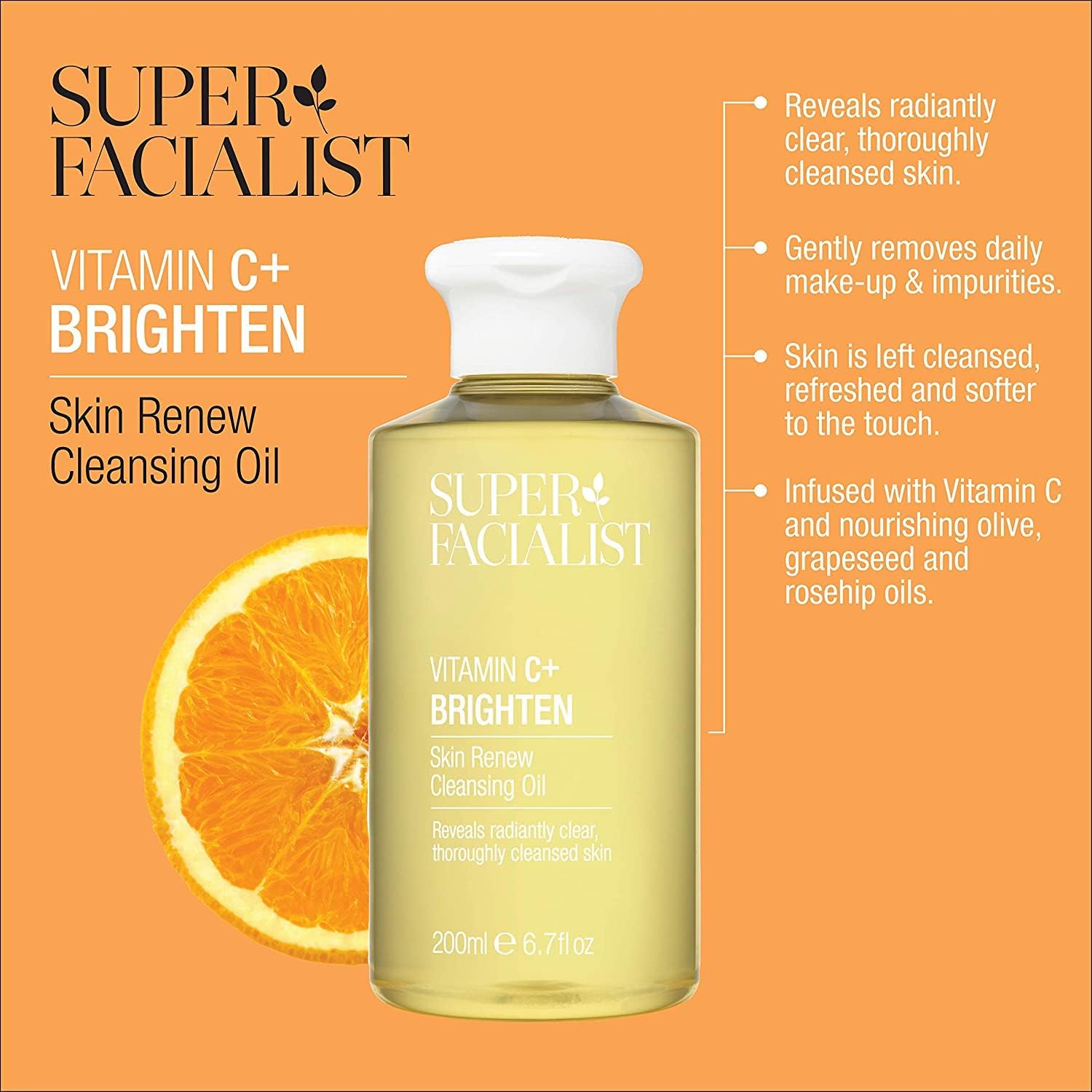 Super Facialist Vitamin C Cleansing Oil - Gentle Face Wash for Women, Removes Waterproof Makeup, Deep Pore Cleanser, Suits All Skin Types, Radiant & Soft Skin, 200ml