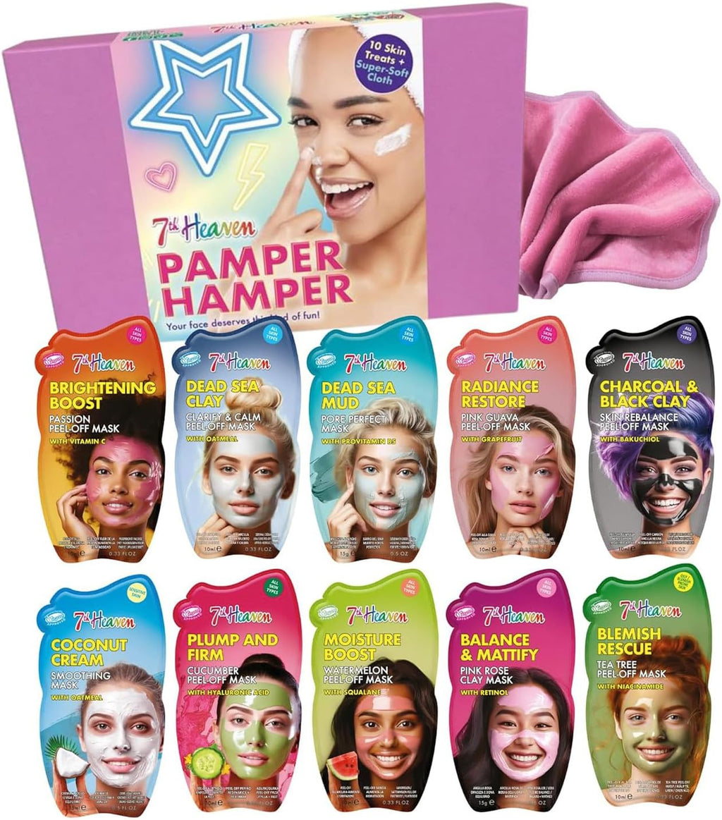 7th Heaven Luxury Pamper Hamper - 10 Face Masks & Spatula - Beauty Gift Set for Women - Skincare Set with Peel-Off, Clay & Hydrating Masks - Spa Experience at Home Skin Care