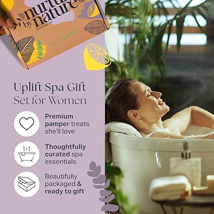 NURTURE BY NATURE Spa Gift Set – 6 Piece Uplifting Pamper Gift Set for Women with Soap, Body Scrub, Hand Cream & Candle – Vegan - Valentines Gifts for Her, Mothers Day Gifts, Self Care Birthday Gift