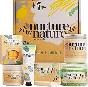 NURTURE BY NATURE Spa Gift Set – 6 Piece Uplifting Pamper Gift Set for Women with Soap, Body Scrub, Hand Cream & Candle – Vegan - Valentines Gifts for Her, Mothers Day Gifts, Self Care Birthday Gift